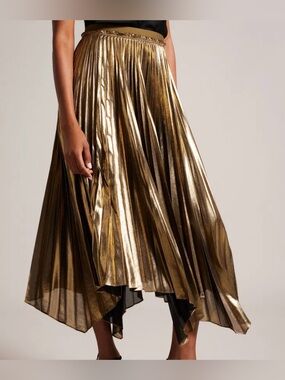 Ted Baker Metallic Gold Pleated Midi Skirt